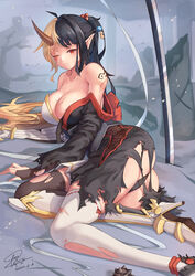  absurdres ahoge ass asymmetrical_legwear asymmetrical_sleeves bare_shoulders black_hair black_kimono black_legwear black_panties blonde_hair boots breasts bruise bruise_on_face cleavage closed_mouth collarbone commentary_request dated female from_side hair_ornament half-closed_eye highres horns injury japanese_clothes katana kimono knee_boots large_breasts long_hair long_sleeves looking_at_viewer mismatched_legwear mismatched_sleeves miso_(b7669726) multicolored_clothes multicolored_kimono off_shoulder one_eye_closed oni_horns original panties pointy_ears ponytail red_eyes red_kimono shoulder_tattoo signature single_horn solo striped_sleeves sword tattoo thighhighs torn_clothes torn_kimono underwear weapon white_kimono white_legwear 