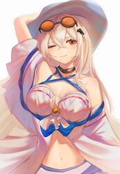  ;) absurdres arknights arm_up bare_shoulders bikini black_choker blush breasts choker cleavage closed_mouth collarbone eyewear_on_head female hair_between_eyes hand_on_headwear hat highres lips long_hair looking_at_viewer medium_breasts navel one_eye_closed oraico233 orange-tinted_eyewear red_eyes skadi_(arknights) skadi_(waverider)_(arknights) smile solo sun_hat sunglasses swimsuit tinted_eyewear upper_body white_bikini white_hair white_hat 