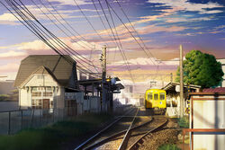  absurdres building cable cloud commentary_request day door fence grass hankachi_(okayama012) highres no_humans original outdoors plant power_lines railroad_tracks scenery shade sign sky sunlight sunset train train_station train_station_platform tree utility_pole window 