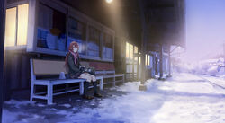  bag bench black_socks breath commentary english_commentary female idolmaster idolmaster_shiny_colors jacket kneehighs long_hair osaki_tenka red_hair sakeharasu scarf scenery school_uniform sitting snow socks solo train_station_platform twilight winter winter_clothes 