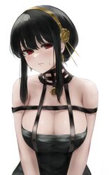  absurdres bad_id bad_pixiv_id bare_shoulders black_dress black_hair blush breasts cleavage dress earrings female flower gold_earrings gold_hairband hair_flower hair_ornament hairband highres jewelry lamp_p9 large_breasts looking_at_viewer off-shoulder_dress off_shoulder parted_lips red_eyes rose short_hair_with_long_locks sidelocks simple_background solo spikes spy_x_family sweatdrop upper_body white_background yor_briar 