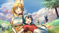  4girls :3 :d ^_^ animal_ear_fluff animal_ears belt black_hair blonde_hair blue_sky bow bowtie closed_eyes cloud commentary_request common_raccoon_(kemono_friends) day elbow_gloves extra_ears fennec_(kemono_friends) fox_ears gloves grass hat hat_feather high-waist_skirt highres kaban_(kemono_friends) kemono_friends lying multiple_girls nature on_lap open_mouth orange_bow orange_bowtie outdoors parted_lips print_bow print_bowtie print_gloves print_skirt raccoon_ears raccoon_tail red_shirt rock serval_(kemono_friends) serval_print shirt short_hair shorts signature skirt sky smile tail traditional_bowtie tree two-tone_bowtie unworn_hat unworn_headwear welt_(kinsei_koutenkyoku) white_bow white_bowtie white_shirt white_shorts yellow_eyes 