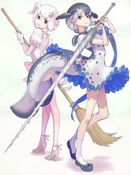  2girls animal_ears back_bow black_bow black_footwear blowhole blue_dress blue_hair bow cetacean_tail choker commentary_request don3 dress drillhorn_sword elbow_gloves fins fish_tail footwear_bow frilled_dress frills gloves gradient_legwear grey_dress grey_hair high_heels kemono_friends kemono_friends_3 multicolored_hair multiple_girls narwhal_(kemono_friends) pantyhose pig_(kemono_friends) pig_ears pig_girl pig_nose pig_tail pink_bow pink_footwear pink_gloves pink_hair pink_legwear puffy_short_sleeves puffy_sleeves shoes short_hair short_sleeves socks sword tail weapon white_gloves white_hair white_legwear 