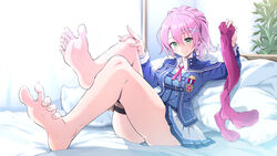  arm_up ass barefoot bed_sheet bedroom blue_jacket blue_skirt blue_vest blush breasts buttons closed_mouth collared_shirt commentary_request commission curtains double-breasted eiyuu_densetsu feet female foot_focus foot_up foreshortening green_eyes hair_between_eyes hair_ornament hand_up highres holding honshiro_nikori impossible_clothes indoors jacket juna_crawford knees_up leaning_back legs long_hair long_sleeves looking_at_viewer medium_breasts miniskirt multicolored_clothes multicolored_skirt neck_ribbon pillow pink_hair pink_ribbon plant pleated_skirt pointing pointing_up pouch purple_thighhighs ribbon school_uniform sen_no_kiseki sen_no_kiseki_iii shadow shirt sidelocks sitting skeb_commission skirt smile soles solo spread_toes thigh_pouch thighhighs thighs thors_military_academy_branch_campus_uniform toe_scrunch toenails toes unworn_thighhighs vest white_shirt window x_hair_ornament 