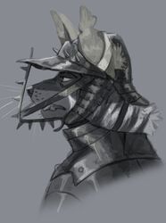  2022 absurd_res anthro armor bust_portrait countershade_face countershading fangs furgonomic_headwear furgonomics gnoll grey_background greyscale headgear hi_res hyena kabuto_(helmet) male mammal monochrome pelzibat portrait samurai side_view simple_background solo teeth warrior whiskers 