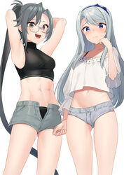  2girls abs akagi_kurage amagiri_(kancolle) armpits arms_up asymmetrical_bangs bare_arms bare_shoulders black_panties black_sports_bra blouse blue_eyes bra_strap breasts casual cowboy_shot crop_top crop_top_overhang denim denim_shorts duplicate glasses grey-framed_eyewear grey_eyes grey_hair grey_shorts hair_between_eyes highres kantai_collection long_hair looking_at_viewer micro_shorts midriff multiple_girls muscular muscular_female navel open_fly panties pixel-perfect_duplicate ponytail sagiri_(kancolle) shirt short_shorts shorts simple_background sleeveless sleeveless_turtleneck small_breasts sports_bra standing stomach swept_bangs thighs turtleneck unbuttoned underwear very_long_hair white_background white_shirt 