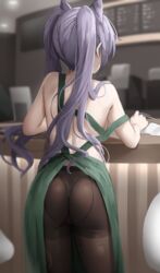  absurdres apron bad_id bad_pixiv_id bare_shoulders breasts cone_hair_bun female genshin_impact green_apron hair_bun highres keqing_(genshin_impact) long_hair naked_apron panties panties_under_pantyhose pantyhose purple_hair shengtian solo thighs thong twintails underwear 