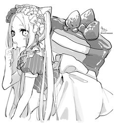  :o abigail_williams_(fate) abigail_williams_(heart_of_cooking)_(fate) absurdres alternate_costume apron blush bow fate/grand_order fate_(series) female food food_on_hand forehead frills fruit greyscale hairbow hand_up highres long_hair monochrome official_alternate_costume open_mouth pancake pancake_stack parted_bangs puffy_short_sleeves puffy_sleeves shirt short_sleeves signature simple_background sofra solo strawberry striped_clothes striped_shirt stuffed_animal stuffed_toy teddy_bear twintails twitter_username vertical-striped_clothes vertical-striped_shirt very_long_hair waist_apron white_background 