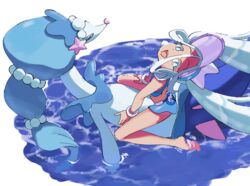  aqua_eyes bangle barefoot bikini blue_bikini blue_hair bracelet commentary female hair_between_eyes hat hatsune_miku jewelry light_blue_hair long_hair looking_at_viewer looking_up mitsutsuka open_mouth pokemon pokemon_(creature) primarina project_voltage riding riding_pokemon simple_background swimsuit tan twintails very_long_hair visor_cap vocaloid water water_miku_(project_voltage) white_background 