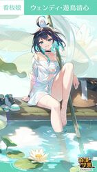  ahoge animal animal_on_head bamboo bare_legs barefoot benghuai_xueyuan bird bird_on_head black_hair breasts choker copyright_name earrings female full_body green_eyes green_hair highres honkai_(series) jewelry knee_up legs lily_pad long-tailed_tit multicolored_hair official_art on_head outdoors sarashi second-party_source shirt shoes single_earring smile soaking_feet solo tit_(bird) toes translation_request unworn_shoes water water_lily_flower wendy_(honkai_impact) wet wet_clothes wet_shirt 