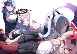  4girls ako_(blue_archive) bare_shoulders blue_archive blue_eyes blush breasts brown_hair chinatsu_(blue_archive) cleavage closed_mouth dark_skin ddangbi demon_horns glasses gloves grey_hair hair_ornament hair_over_one_eye hairband halo highres hina_(blue_archive) horns iori_(blue_archive) large_breasts long_hair long_sleeves looking_at_viewer multiple_girls parted_bangs pointy_ears prefect_team_(blue_archive) purple_eyes red_eyes shirt sideless_shirt sitting skirt smile tail thighs twintails white_hair white_shirt 