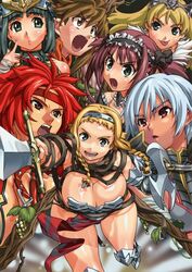  6+girls airi_(queen&#039;s_blade) airi_(the_infernal_temptress) ancient_princess_menace armor armored_boots black_hair blonde_hair blue_eyes bob_cut boots braid breasts brown_eyes brown_hair captain_of_the_royal_guard_elina cleavage commentary_request elina_(queen&#039;s_blade) exiled_warrior_leina fang_assassin_irma fangs food forest_keeper_nowa fruit grapes green_eyes grey_hair hairband headband headdress holding holding_shield holding_sword holding_weapon irma_(queen&#039;s_blade) kei_(bekei) large_breasts leina_(queen&#039;s_blade) long_hair maid_headdress md5_mismatch menace_(queen&#039;s_blade) multiple_girls nowa_(queen&#039;s_blade) open_mouth outstretched_arm plant pointing pointing_at_viewer pointing_sword pointing_weapon queen&#039;s_blade red_eyes red_hair risty_(queen&#039;s_blade) shield shiny_skin short_hair sword tongue tongue_out twin_braids vines weapon wilderness_bandit_risty 