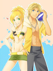  1boy armband bare_shoulders bikini bikini_top blonde_hair blue_eyes braid celestial_s couple earrings female female final_fantasy final_fantasy_x green_eyes jacket jewelry long_hair male midriff miniskirt nail_polish necklace pants rikku short_hair skirt smile swimsuit tidus twin_braids wristband 