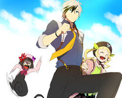  1boy 2girls anger_vein blue_eyes blush brown_hair cloud coat dress elle_mel_martha hat jewelry long_hair ludger_will_kresnik multicolored_hair multiple_girls necklace necktie nova_(tales_of_xillia_2) open_mouth pants ribbon running short_hair sky tales_of_(series) tales_of_xillia tales_of_xillia_2 teepo_(tales) tipo_(xillia) 