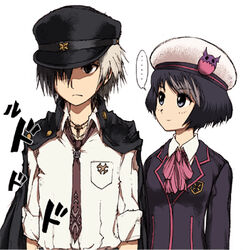  1boy alternate_costume breasts coat female grey_eyes hair_over_one_eye hat jewelry lowres ludger_will_kresnik multicolored_hair necklace necktie nova_(tales_of_xillia_2) school_uniform tales_of_(series) tales_of_xillia tales_of_xillia_2 teepo_(tales) tipo_(xillia) 