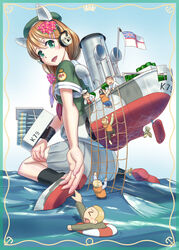  6+boys brown_hair commentary_request depth_charge female flower giant giantess green_eyes hair_flower hair_ornament hair_over_shoulder headphones hedgehog_anti-submarine_mortar hms_petunia life_vest long_hair looking_at_viewer machinery multiple_boys name_connection object_namesake open_mouth original personification petunia_(flower) pink_flower pleated_skirt propeller reaching reaching_towards_viewer rope royal_navy sailor self-upload short_sleeves sitting sitting_on_water skirt wariza white_ensign yamikota 