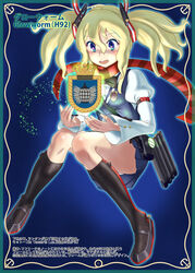  badge black_bow black_bowtie black_socks blonde_hair blue_eyes blue_skirt blue_vest bow bowtie character_name commentary_request dress_shirt emblem female full_body glowworm_(warship_girls_r) hair_between_eyes hair_ornament juliet_sleeves kneehighs long_sleeves machinery medium_hair miniskirt open_mouth panties pleated_skirt puffy_sleeves red_bow royal_navy scarf self-upload shiny shirt sitting skirt smile socks solo striped_clothes striped_panties striped_scarf torpedo_tubes twintails underwear vest warship_girls_r white_shirt yamikota 