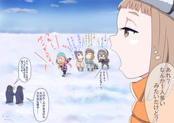  &gt;_&lt; 5girls absurdres bird brown_hair closed_eyes commentary crossover forced_perspective glasses gloves highres inuyama_aoi kagamihara_nadeshiko multiple_girls oogaki_chiaki opaque_glasses open_mouth outdoors penguin season_connection self-upload shaded_face shima_rin sky snow sora_yori_mo_tooi_basho tamaki_mari translated winter_clothes yamikota yurucamp 