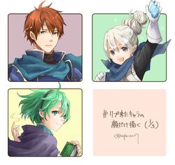  1boy armor blue_eyes blush book cape commentary_request eliwood_(fire_emblem) fire_emblem fire_emblem:_the_blazing_blade fire_emblem_fates fire_emblem_heroes gloves green_hair grey_hair hair_bun hairband kana_(female)_(fire_emblem) kana_(fire_emblem) long_hair looking_at_viewer nino_(fire_emblem) open_mouth pointy_ears purple_hairband red_hair robaco scarf short_hair simple_background single_hair_bun skirt smile white_hair 