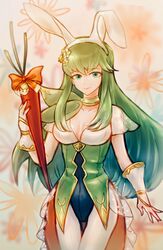  animal_ears bad_id bad_twitter_id breasts carrot choker closed_mouth commentary_request fake_animal_ears feh_xeri female fire_emblem fire_emblem:_mystery_of_the_emblem fire_emblem_heroes flower green_eyes green_hair hair_flower hair_ornament highres holding leotard long_hair medium_breasts palla_(fire_emblem) palla_(spring)_(fire_emblem) pantyhose rabbit_ears smile solo white_pantyhose 