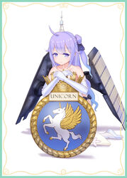  ahoge alicorn azur_lane bare_shoulders black_ribbon blush border collarbone colored_eyelashes commentary_request dress elbow_gloves emblem female full_body gloves gold_trim gradient_hair hair_bun hair_ribbon headgear lace lace-trimmed_gloves lace-trimmed_ribbon lace_trim leaning_forward light_purple_hair looking_at_viewer multicolored_hair one_side_up own_hands_together purple_eyes ribbon rigging royal_navy self-upload shadow simple_background single_side_bun solo strapless strapless_dress thighhighs unicorn_(azur_lane) white_background white_dress white_gloves white_thighhighs yamikota 