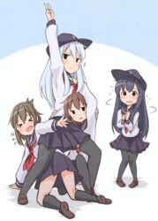  &gt;_&lt; 4girls akatsuki_(kancolle) anchor_symbol black_eyes black_pantyhose black_skirt black_socks black_thighhighs blush brown_hair closed_mouth commentary doyagao flat_cap flying_sweatdrops full_body grey_hair gundam gundam_narrative hair_between_eyes hat hibiki_(kancolle) ikazuchi_(kancolle) inazuma_(kancolle) kantai_collection kneehighs kneeling long_hair long_sleeves looking_at_viewer miniskirt multiple_girls narrative_formation neckerchief open_mouth pantyhose parody purple_hair red_neckerchief sailor_collar school_uniform serafuku shoes skirt smile smug socks sparkle standing thighhighs tobi_(nekomata_homara) translated v 