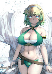  belt bikini blonde_hair blue_eyes breasts criss-cross_halter feather_trim female fire_emblem fire_emblem_heroes fjorm_(fire_emblem) fjorm_(summer)_(fire_emblem) flower flower_hairband gradient_hair green_bikini green_hair hair_flower hair_ornament halterneck harihisa looking_at_viewer multicolored_hair official_alternate_costume short_hair solo swimsuit 