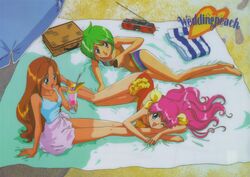  1990s_(style) 3girls ai_tenshi_densetsu_wedding_peach applying_sunscreen barefoot beach beach_umbrella blanket blue_eyes boombox bottle bow brown_eyes brown_hair casual_one-piece_swimsuit copyright_name day drink footprints from_behind green_eyes green_hair hanasaki_momoko highres holding holding_bottle ichiishi_sayuri legs long_hair lotion lying magical_girl multiple_girls non-web_source one-piece_swimsuit one_eye_closed open_mouth pink_hair pink_sarong pouring purple_sarong radio retro_artstyle sarong scan shade short_hair sitting smile sunscreen swimsuit tamano_hinagiku tanima_yuri tongue towel tropical_drink umbrella yellow_bow 