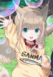  2023 40hara animal_humanoid bubble cat_humanoid clothed clothing collar felid felid_humanoid feline feline_humanoid female green_eyes hair hi_res humanoid kinako_(40hara) lolicon mammal mammal_humanoid open_mouth shirt solo tan_hair topwear young 