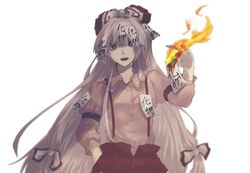  arm_garter baggy_pants beige_shirt blunt_bangs blurry blurry_background bow bright_pupils burning buttons collared_shirt commentary_request cowboy_shot female fire flaming_hand floating_hair frilled_shirt_collar frills fujiwara_no_mokou grey_hair hairbow hand_in_pocket hand_up highres hime_cut juliet_sleeves long_hair long_sleeves looking_at_viewer masochism ofuda ofuda_on_clothes open_mouth pants puffy_sleeves red_bow red_eyes red_pants shirt sidelocks simple_background solo somei_ooo suspenders teeth tongue tongue_out touhou translation_request upper_teeth_only very_long_hair white_background white_bow white_pupils 