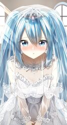  :o bare_arms bare_shoulders blue_eyes blue_hair blush breasts bridal_veil collarbone commentary dress female frilled_dress frills hair_between_eyes hatsune_miku highres indoors long_hair looking_at_viewer medium_breasts nose_blush parted_lips pentagon_(railgun_ky1206) see-through solo strapless strapless_dress tiara twintails veil very_long_hair vocaloid wedding_dress window 