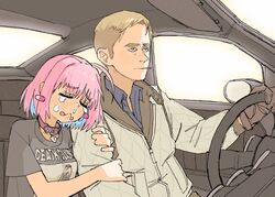  1boy ahoge animal_collar bad_id bad_twitter_id car car_interior cigarette collar collared_shirt commission crossover crying death_grips drive_(movie) driver_(drive) driving female gloves hair_intakes highres idolmaster idolmaster_cinderella_girls jacket motor_vehicle movie_reference multicolored_hair pantsu-ripper pink_hair shirt smoking snot steering_wheel tears two-tone_hair yumemi_riamu 