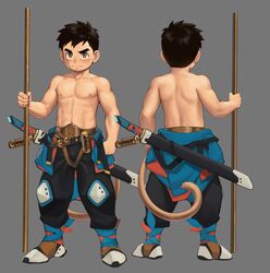  1boy abs absurdres bare_arms bare_shoulders black_hair black_pants brown_eyes closed_mouth commentary english_commentary fairwind front_and_back full_body grey_background highres holding holding_weapon katana looking_at_viewer male_focus muscular muscular_child muscular_male original pants pectorals sheath sheathed short_hair simple_background solo staff sword topless_male weapon 