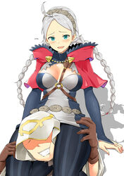  1boy absurdres ahoge belt blue_eyes braid capelet chest_harness commission commissioner_upload couple female fire_emblem fire_emblem_fates fire_emblem_heroes gloves grey_hair hairband hand_on_another&#039;s_thigh harness head_between_thighs highres hood hooded_capelet igni_tion kiran_(fire_emblem) kiran_(male)_(fire_emblem) leather leather_gloves low_twin_braids nina_(fire_emblem) o-ring o-ring_harness open_mouth parted_bangs scissorhold straight thigh_grab thighs twin_braids twintails 