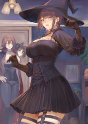  3girls animal_ears black_dress black_gloves black_hair black_pants blue_eyes blush breasts brown_hair bursting_breasts cat_ears corset dress earrings floral_print gloves hair_between_eyes halloween halloween_costume harness hat highres huge_breasts inconvenient_breasts jewelry lace lace_gloves long_hair looking_at_viewer mashuu_(neko_no_oyashiro) multiple_girls oomikado_aoi oomikado_himari oomikado_itsuki open_mouth original pants short_hair standing surprised torn_clothes torn_dress underbust undersized_clothes witch_hat 