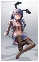  animal_ears arm_support black_hair blazer blue_eyes blue_skirt border breasts brown_jacket brown_sweater feet female foot_focus highres instagram_logo jacket leg_lift long_hair medium_breasts necktie no_shoes peaceablecolt rabbit_ears red_necktie sakurajima_mai seishun_buta_yarou shirt skirt smile solo sweater thighhighs thighs twitch_logo twitter_logo white_border white_shirt 