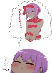  :&gt; breasts closed_eyes closed_mouth commentary_request dark-skinned_female dark_skin fate/prototype fate/prototype:_fragments_of_blue_and_silver fate_(series) female flying_sweatdrops hair_between_eyes hassan_of_serenity_(fate) highres i.u.y imagining naked_ribbon purple_eyes purple_hair red_ribbon ribbon simple_background small_breasts smile thought_bubble translated very_dark_skin white_background 