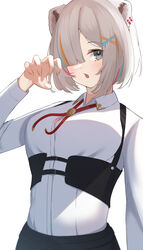  :o aflo animal_ears blue_hair blush bob_cut bolo_tie breasts chest_harness claw_pose collared_shirt dress_shirt ear_piercing female fingernails grey_eyes grey_hair hair_ornament hairclip harness highres hololive lion_ears lion_girl long_sleeves medium_breasts multicolored_hair official_alternate_costume official_alternate_hair_length official_alternate_hairstyle open_mouth piercing pink_hair red_ribbon ribbon shirt shishiro_botan shishiro_botan_(button-down) short_hair solo streaked_hair underbust virtual_youtuber white_shirt x_hair_ornament 