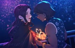  2girls asami_sato avatar_legends black_hair bracelet brown_hair coat commentary dark-skinned_female dark_skin denimcatfish dress earrings element_bending english_commentary eye_contact fire fireworks heart jewelry korra looking_at_another multiple_girls night outdoors short_hair sleeveless the_legend_of_korra upper_body yuri 