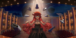  bit_(gundam) blue_eyes breasts byocho cleavage collarbone commentary conductor dress female floating gundam gundam_suisei_no_majo hair_down highres long_hair looking_at_viewer medium_breasts red:birthmark_(song) red_hair sidelocks solo standing strapless strapless_dress suletta_mercury upper_body wavy_hair 