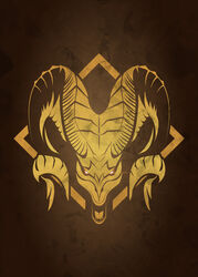  absurdres animal curled_horns dragon giant giant_monster glowing glowing_eyes gold highres horns kulve_taroth logo monster monster_hunter:_world monster_hunter_(series) no_humans open_mouth oversized_animal red_eyes sheep sheep_horns simple_background spiral tacuyanjun teeth the_witcher_(series) the_witcher_3 thorns 