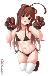  ahoge animal_ears animal_hands bare_shoulders bear_ears bikini blush breasts brown_eyes brown_hair collarbone cropped_legs ebifurya female gloves hair_intakes hands_up highres kantai_collection kuma_(kancolle) long_hair looking_at_viewer navel oerba_yun_fang one-hour_drawing_challenge open_mouth paw_gloves paw_shoes side-tie_bikini_bottom simple_background small_breasts solo standing standing_on_one_leg stomach string_bikini swimsuit thigh_gap thighhighs thighs twitter_username very_long_hair white_background white_thighhighs 