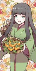  1boy bad_id bad_pixiv_id basket black_hair breasts eyelashes female final_fantasy final_fantasy_xiv food fruit gosetsu_daito green_eyes grey_hair hakama highres hime_cut holding holding_basket hyur japanese_clothes kagome_(pattern) kanoko_(pattern) kimono leaf long_hair looking_at_viewer maple_leaf medium_breasts mole mole_under_mouth nama014 obi open_mouth persimmon plate sash sidelocks sliced smile toothpick yotsuyu_goe_brutus 