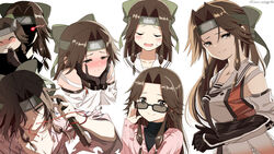  black_gloves black_sweater blush bow brown_eyes brown_hair closed_eyes elbow_gloves female gloves glowing glowing_eye green_bow hair_over_one_eye hairbow headband highres holding holding_mask holding_torpedo japanese_clothes jintsuu_(kancolle) jintsuu_kai_ni_(kancolle) kantai_collection laco_soregashi long_hair mask multiple_views nose_blush open_mouth sailor_collar sidelocks simple_background sleeveless smile sunglasses sweat sweater torn_clothes torpedo turtleneck twitter_username white_background 