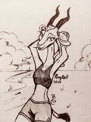  2022 absurd_res antelope anthro beach bottomwear bovid clothed clothing disney dolphin_shorts female fully_clothed gazelle gazelle_(zootopia) hair halter_top hi_res horn inktober inktober_2022 looking_at_viewer mammal midriff monochrome outside seaside shorts smile solo standing theblueberrycarrots traditional_media_(artwork) zootopia 