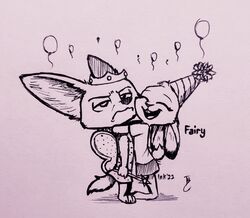  2022 anthro balloon buckteeth canid canine closed_eyes clothing costume disney duo fennec_fox finnick_(zootopia) fox fur hat head_tuft headgear headwear hi_res hug inflatable inktober inktober_2022 lagomorph leporid mammal monochrome open_mouth open_smile party_hat rabbit smile standing teeth theblueberrycarrots traditional_media_(artwork) true_fox tuft zootopia 