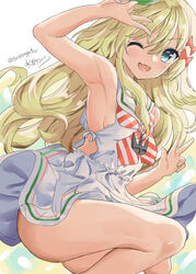  armpits artist_name blonde_hair blush bow double_v dress feet_out_of_frame female fingernails grecale_(kancolle) green_eyes hairbow highres kantai_collection long_hair mizuta_kenji neckerchief oerba_yun_fang one-hour_drawing_challenge one_eye_closed open_mouth pink_bow sailor_collar sailor_dress signature skin_fang sleeveless sleeveless_dress smile solo twitter_username v white_dress white_sailor_collar 