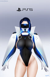  arms_at_sides artist_name ass_visible_through_thighs black_hair black_leotard blue_hair breasts chinese_commentary closed_mouth commentary_request copyright_name covered_navel cowboy_shot easonx female game_console gloves gradient_background grey_background head-mounted_display highleg highleg_leotard highres impossible_clothes impossible_leotard large_breasts leotard light_smile looking_at_viewer mask mouth_mask multicolored_hair original parted_bangs personification playstation_5 ps5_chan short_hair simple_background skin_tight solo standing streaked_hair turtleneck two-tone_hair variant_set white_background white_gloves 