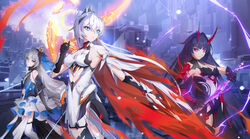  3girls absurdres ahoge armor bare_shoulders black_gloves blue_eyes breasts bronya_zaychik bronya_zaychik_(herrscher_of_reason) cape cleavage closed_mouth crown dress drill_hair earrings elbow_gloves gauntlets gloves grey_eyes grey_hair hair_ornament highres holding holding_sword holding_weapon honkai_(series) honkai_impact_3rd horns japanese_armor jewelry katana kiana_kaslana kiana_kaslana_(herrscher_of_flamescion) long_hair looking_at_viewer multiple_girls ooo_wange purple_eyes purple_hair raiden_mei raiden_mei_(herrscher_of_thunder) red_cape sleeveless sleeveless_dress sword thighhighs twin_drills weapon white_dress white_hair white_thighhighs 