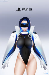  arms_at_sides artist_name ass_visible_through_thighs black_hair black_leotard blue_hair breasts chinese_commentary closed_mouth commentary_request copyright_name covered_navel cowboy_shot easonx female game_console gloves gradient_background grey_background head-mounted_display highleg highleg_leotard highres impossible_clothes impossible_leotard large_breasts leotard light_smile looking_at_viewer multicolored_hair original parted_bangs personification playstation_5 ps5_chan short_hair simple_background skin_tight solo standing streaked_hair turtleneck two-tone_hair variant_set white_background white_gloves 